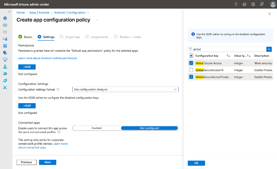 Skärmbild av konfigurationsprincipen Skapa app på fliken Inställningar.