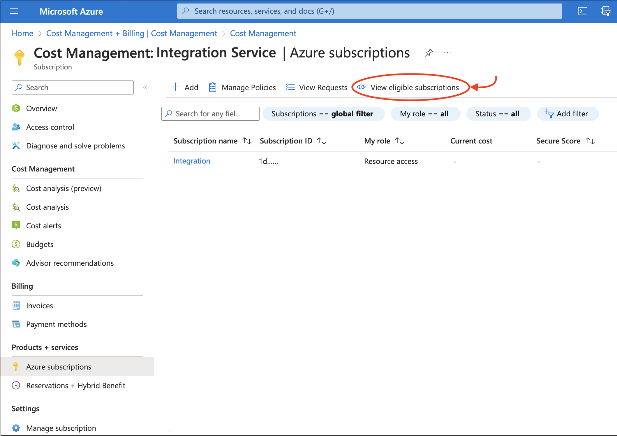 Screenshot of view eligible subscriptions on the Cost Management: Integration Service page.