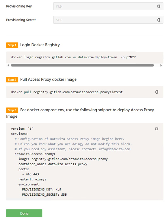 Skärmbild av tre uppsättningar Docker-information.