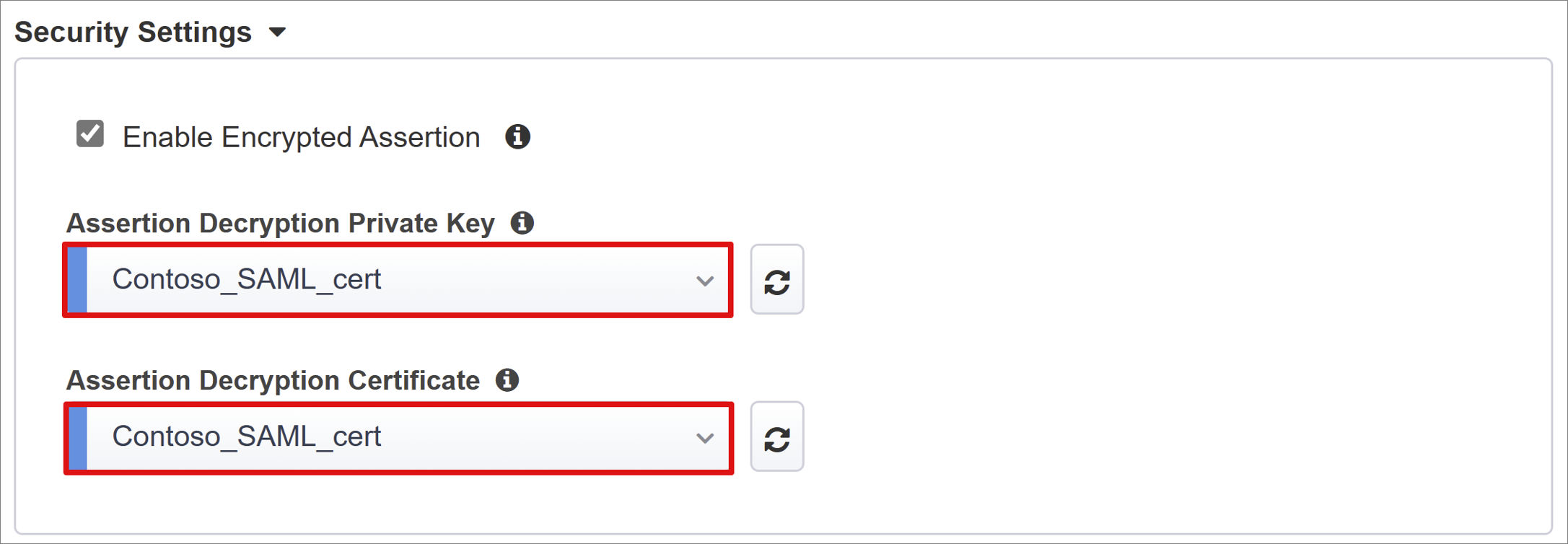 Skärmbild av posterna Private Key och Assertion Decryption Certificate i Security Inställningar.