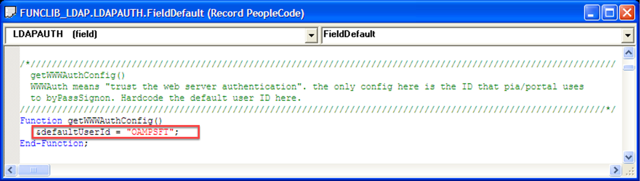 Skärmbild av standardvärdet för användar-ID är lika med OAMPSFT under Funktion.