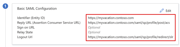 Skärmbild av URL:er i SAML-konfigurationen.