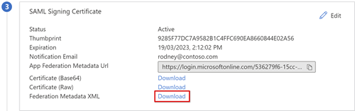 Skärmbild av länken Ladda ned för XML för federationsmetadata i dialogrutan SAML-signeringscertifikat.