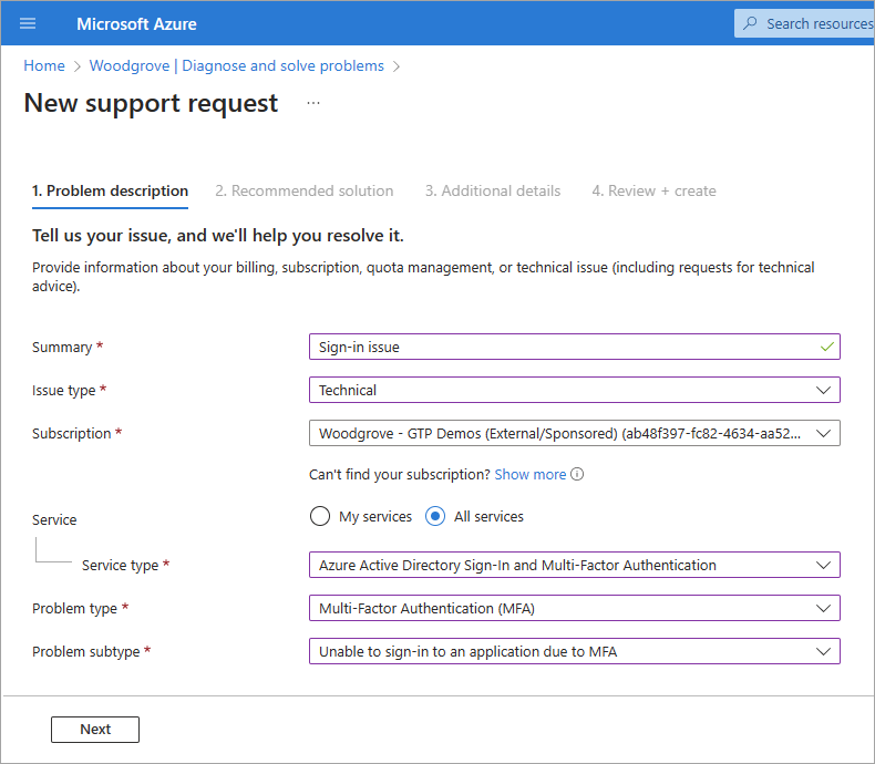 Screenshot of the support request fields that start the sign-in diagnostics.