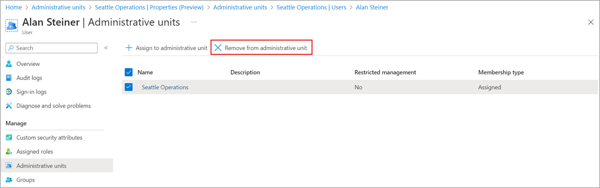 Screenshot of Devices and Administrative units page with Remove from administrative unit option.