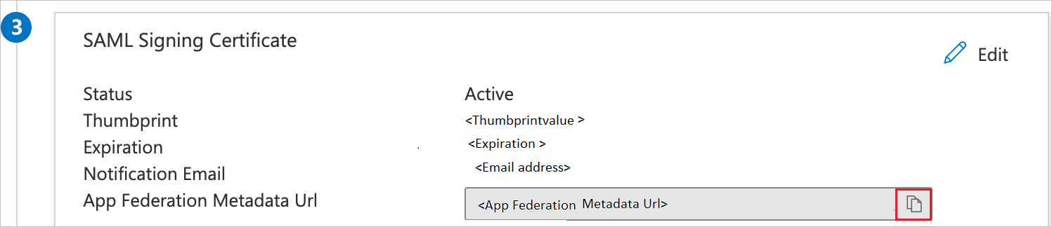 The SAML Signing Certificate section, with the copy button highlighted next to App Federation Metadata URL