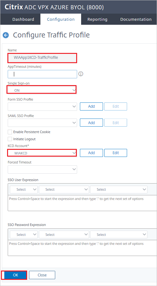 Trafikprofil Skärmbild av Citrix ADC SAML Connector för Microsoft Entra-konfiguration – fönstret Konfigurera trafikprofil.