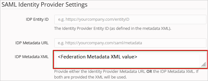 IDP-metadata-XML Skärmbild som visar XML för IDP-metadata.