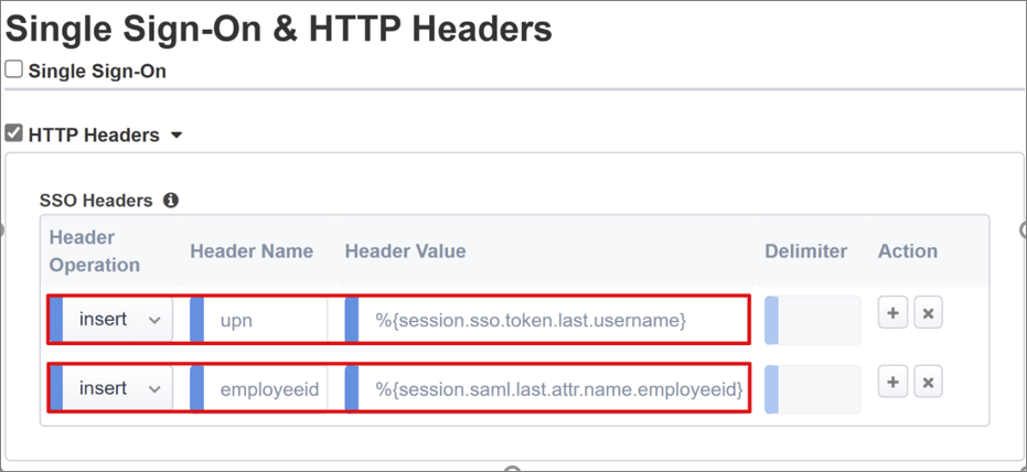 Skärmbild för SSO- och HTTP-huvuden.