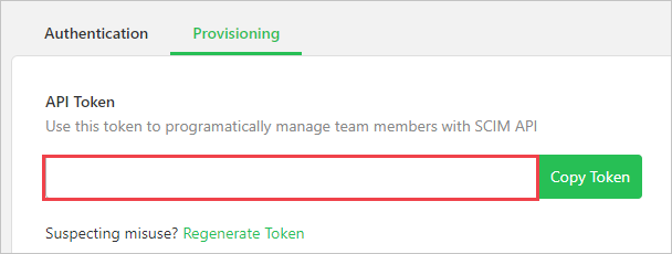 Skärmbild av fliken Provisionering på Flock-webbplatsen. Under A P I-token markeras ett värde. Bredvid token finns en Kopiera token-knapp.