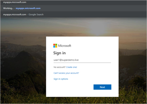 Skärmbild av ett myapps.microsoft.com fönster med en bakgrundsbild och en inloggningsdialogruta.