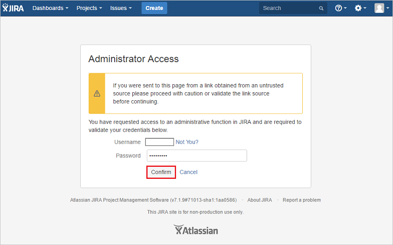Skärmbild som visar sidan Administratörsåtkomst där du anger dina autentiseringsuppgifter.