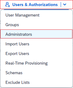 Skärmbild av ADMINISTRATIONskonsolen för SAP Cloud Identity Services.