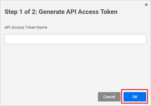 Skärmbild av steg 1 av 2: Generera API-åtkomsttoken med alternativet OK framhävt.