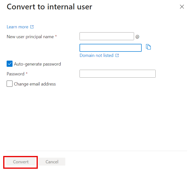 Skärmbild som visar den sista uppsättningen alternativ som måste väljas innan du konverterar en extern användare till en intern användare.