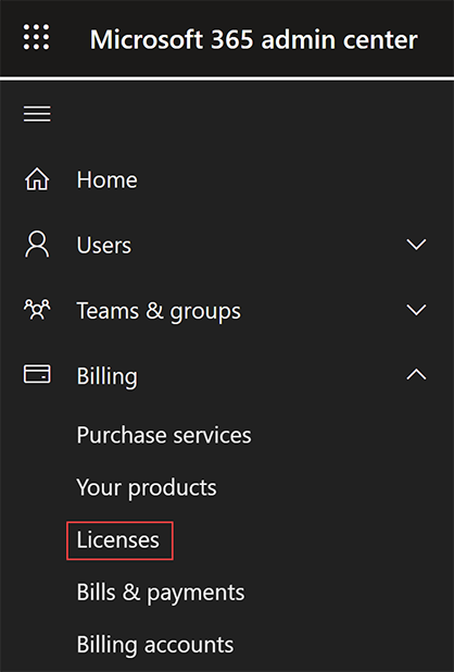 Skärmbild av portalavsnittet där användaren kan välja produkter för att tilldela licenser.