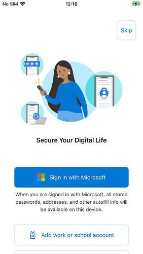 Skärmbild av inloggningsskärmen för Microsoft Authenticator med knappen Hoppa över i det övre högra hörnet.