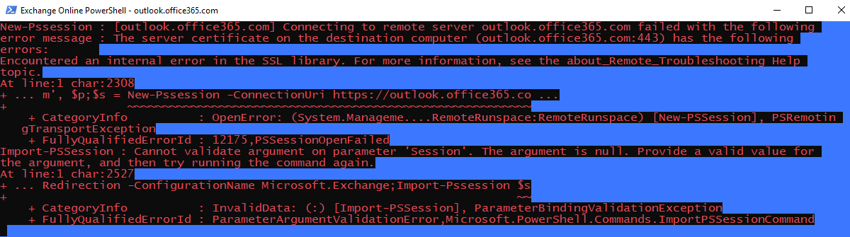 Skärmbild av PSSession-felmeddelandet i Exchange Online PowerShell-fönstret.