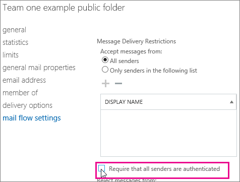 Skärmbild av inställningssidan för e-postflöde. Kryssrutan Kräv att alla avsändare autentiseras avmarkeras.