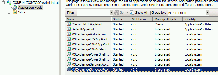 Skärmbild som visar att statusen för MSExchangeSyncAppPool är Startad i fönstret Programpooler.