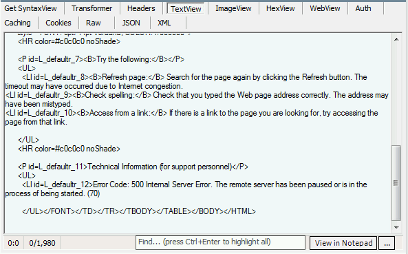 Skärmbild av TextView för HTTP-svarsanalysen.