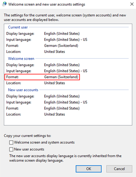 Skärmbild av välkomstskärmen och dialogrutan inställningar för nya användarkonton med språkformatet för välkomstskärmen markerat.