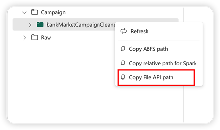Skärmbild som visar menyalternativet för sökvägen kopiera fil-API.