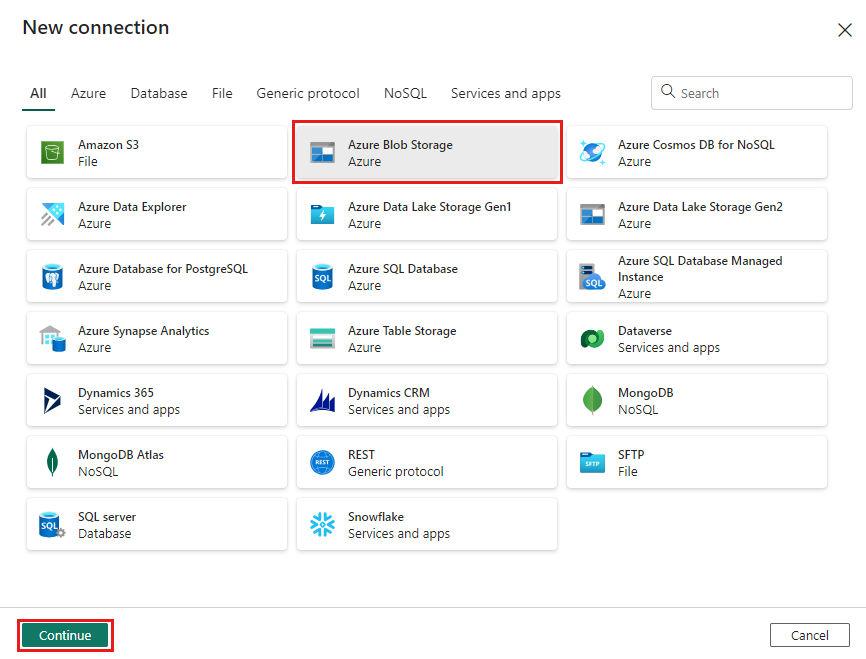 Skärmbild av guiden Ny anslutning som visar var du väljer Azure Blob Storage.