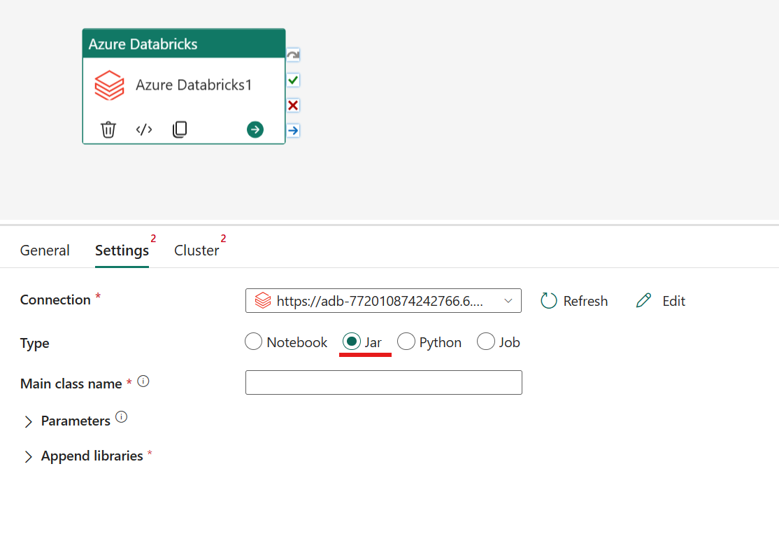 Skärmbild som visar Jar-typen för Azure Databricks-aktiviteten.