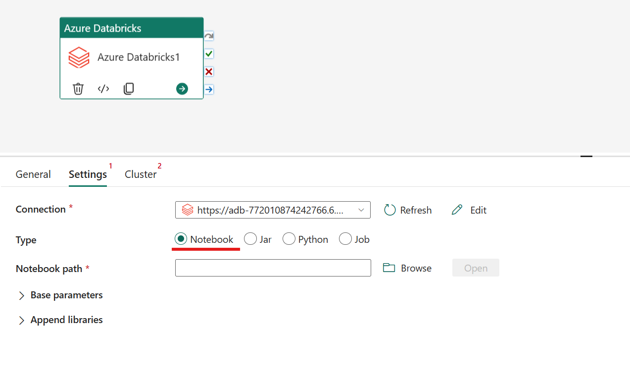 Skärmbild som visar typen Notebooks för Azure Databricks-aktiviteten.