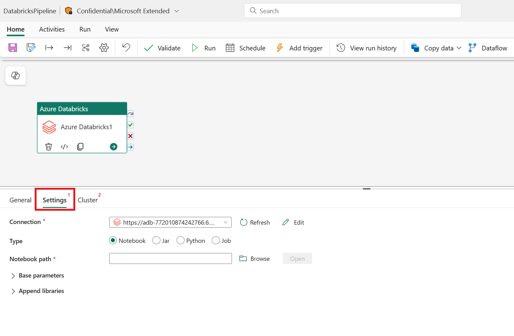 Skärmbild som visar fliken Inställningar för Azure Databricks-aktiviteten.