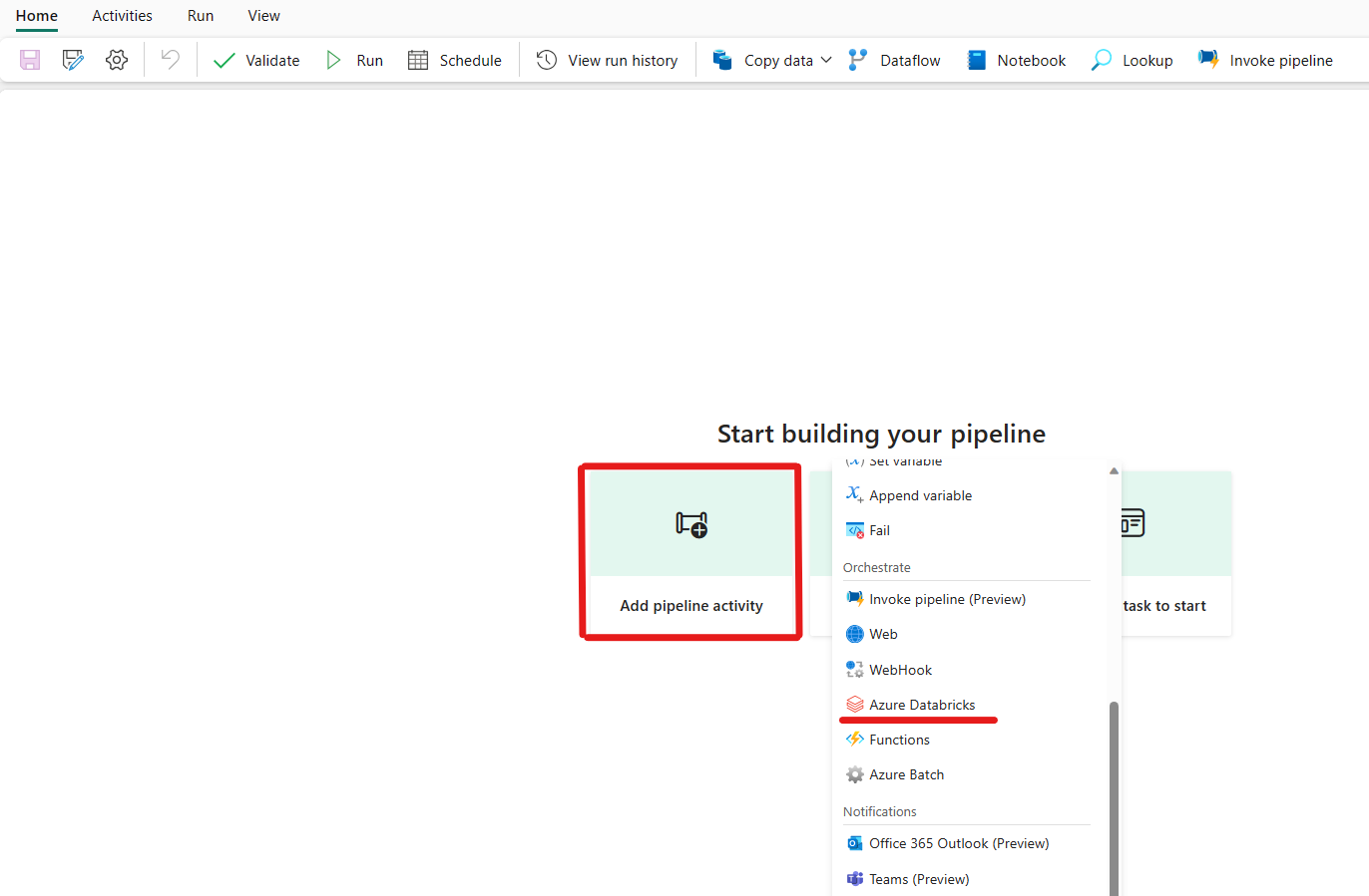 Skärmbild av startsidan för Fabric-pipelines med Azure Databricks-aktivitet markerad.
