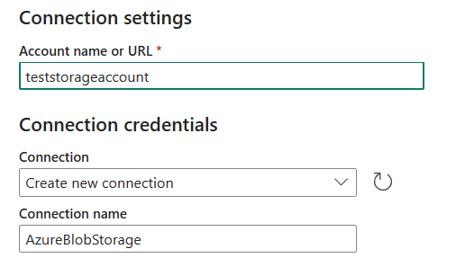 Screenshot showing the common connection setup for Azure Blob Storage.