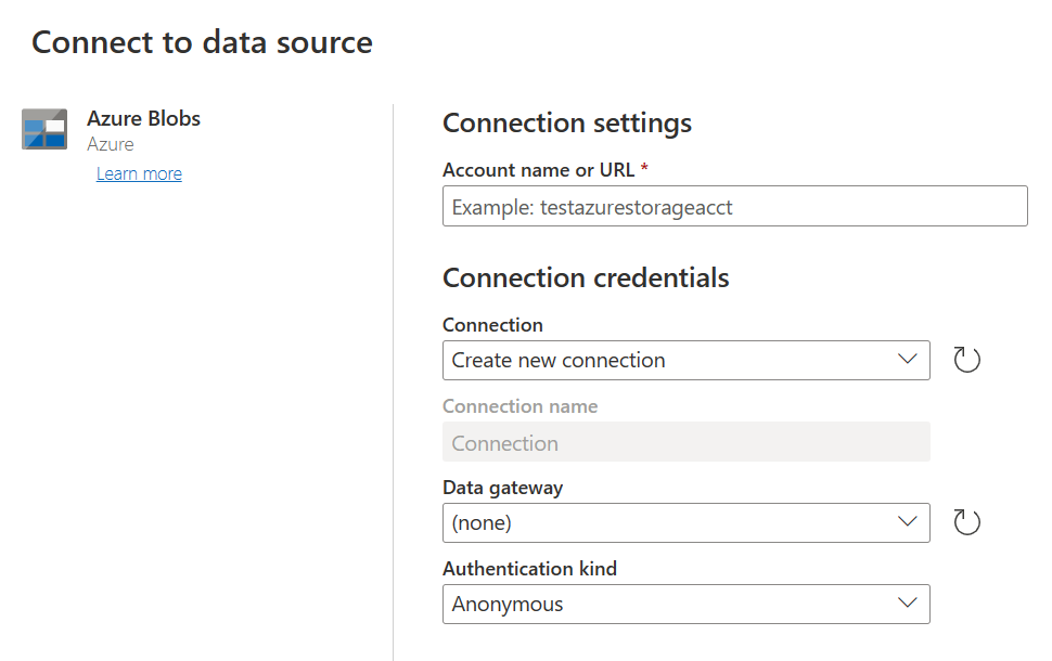 Skärmbild som visar Anslut datakälla där du anger ditt kontonamn eller din URL och dina autentiseringsuppgifter.