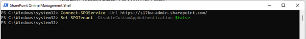 Skärmbild som visar kommandot sharepoint online management shell.
