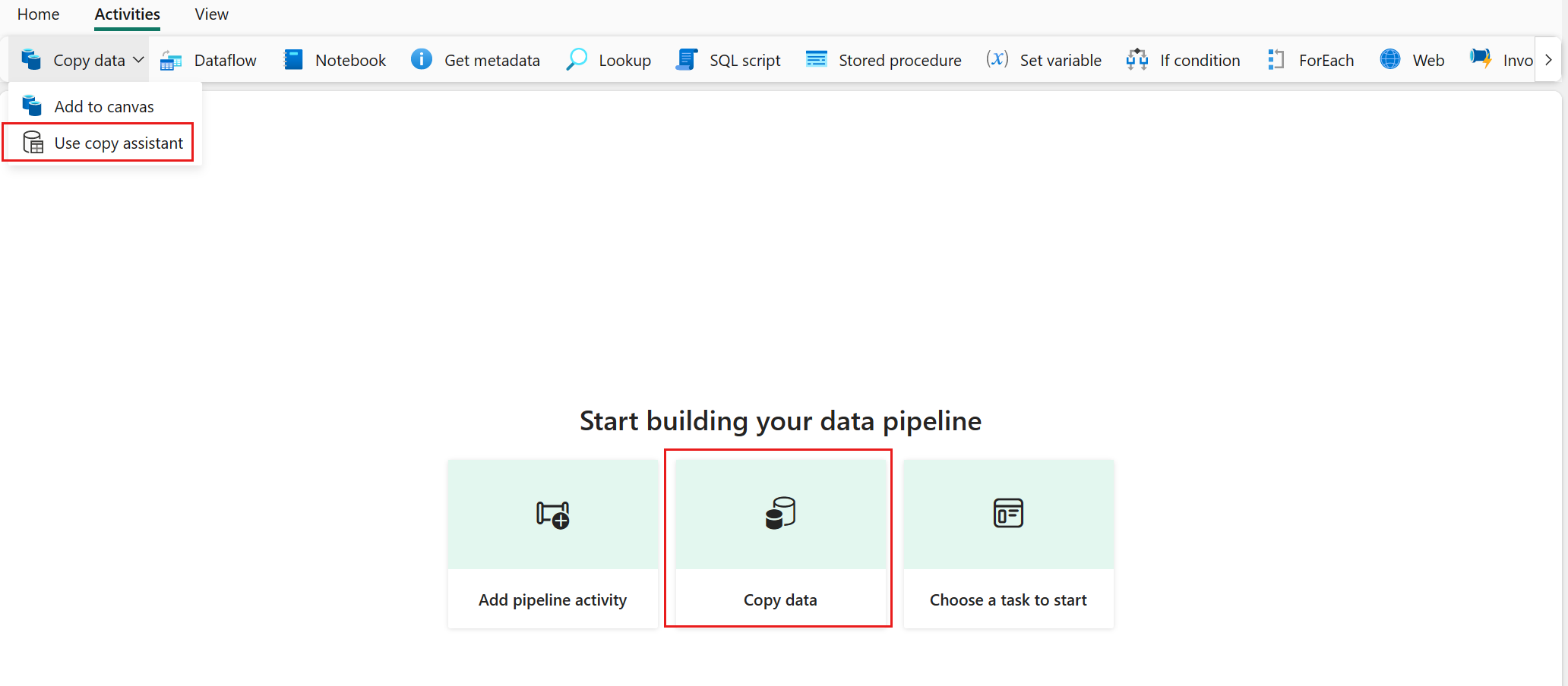 Skärmbild som visar knappen Använd kopieringsassistenten under Kopiera data.