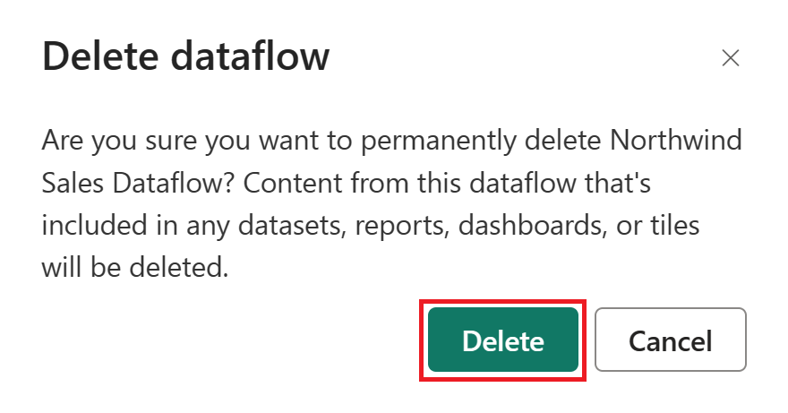 Screenshot of the Delete dataflow window, with the Delete button emphasized.