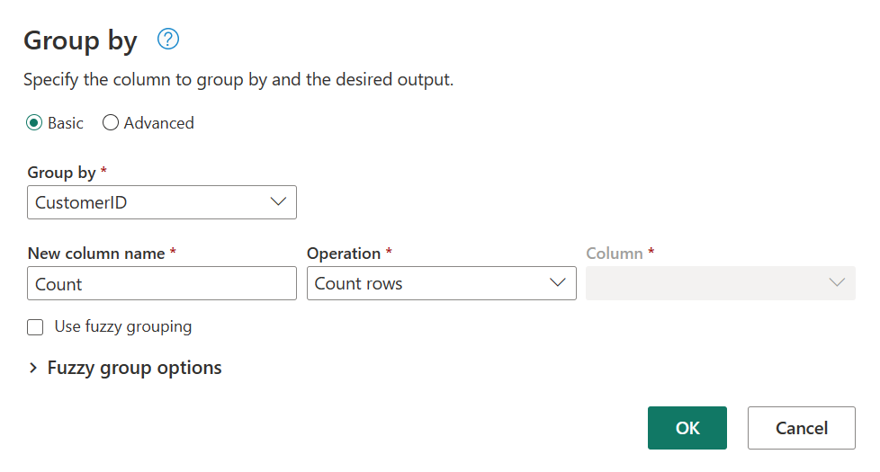 Screenshot of Group by, with the Count rows operation selected.