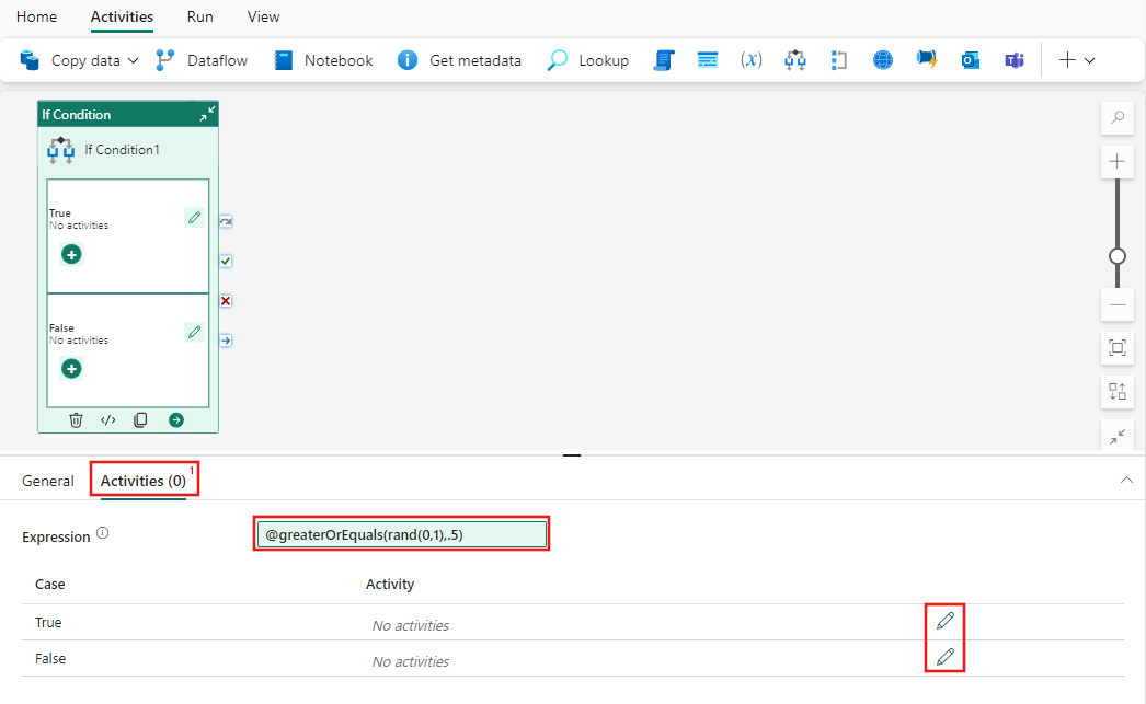 Screenshot showing the If Condition Activity settings tab and showing where to provide the Expression and choose Activities for when the expression evaluates to True or False.