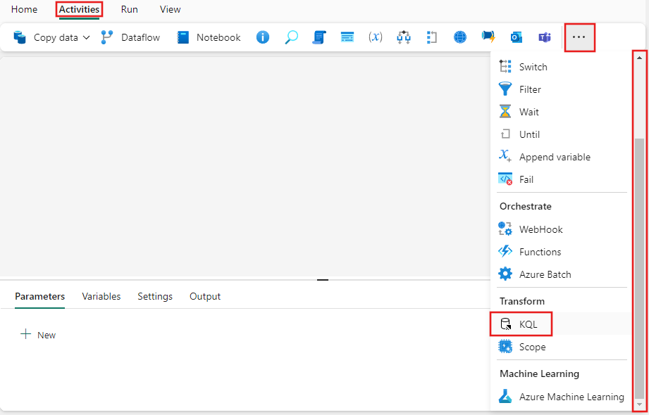 Skärmbild av Fabric UI med fönstret Aktiviteter och KQL-aktiviteten markerad.