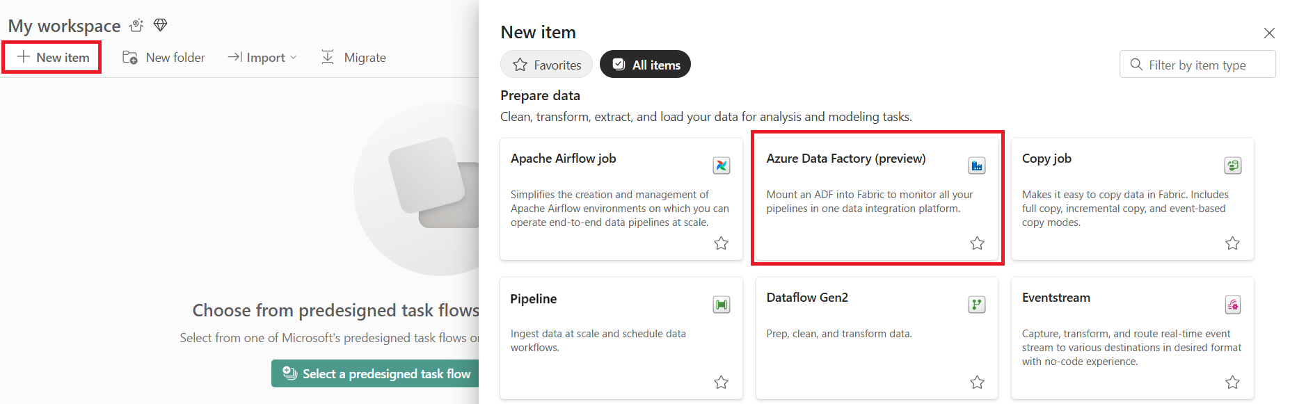 Skärmbild med Azure Data Factory vid fabric-ingången.