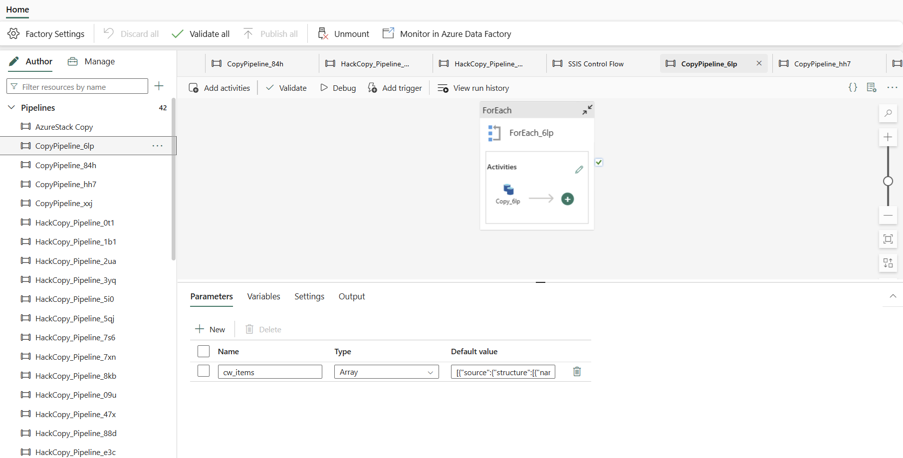 Skärmbild med Azure-datafabriken i Azure Fabric.