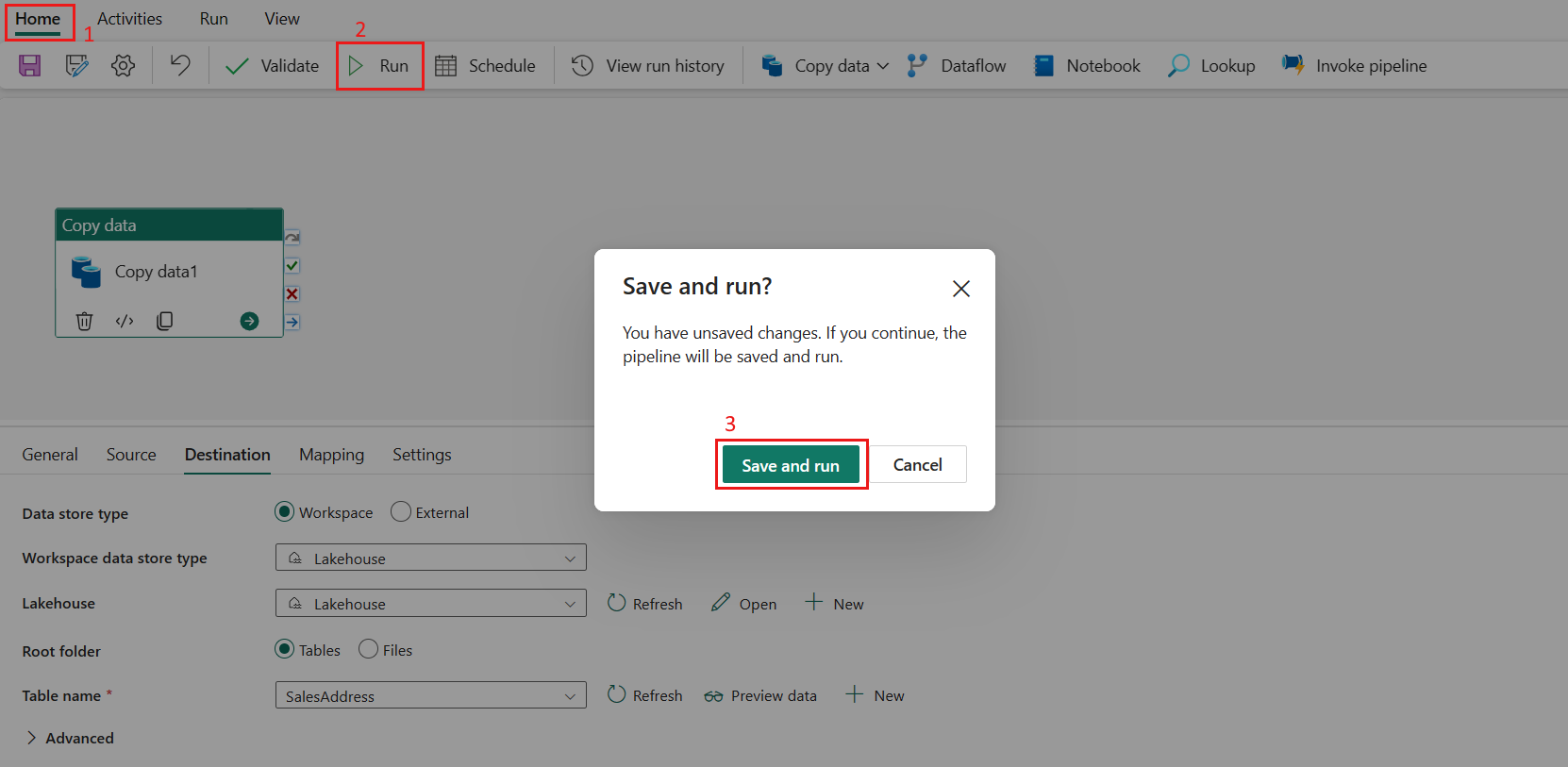 Skärmbild av att spara och köra aktivitet.