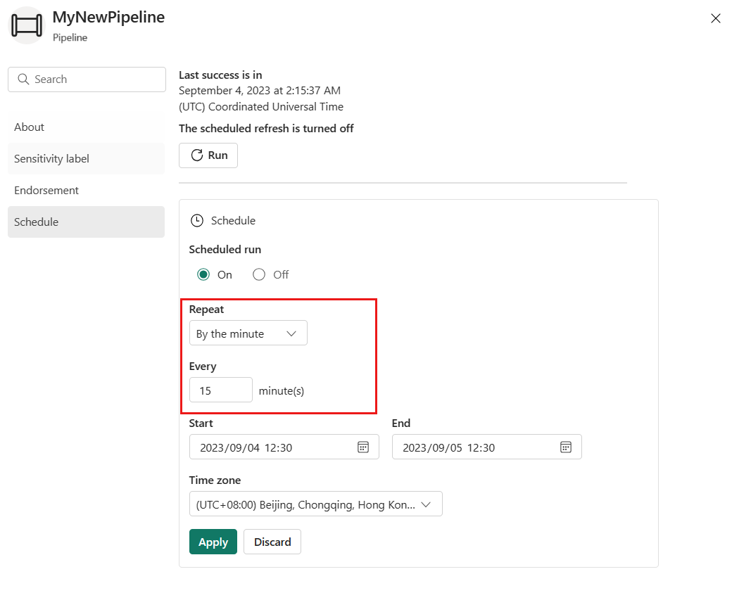 Skärmbild av schemaläggning av pipelinen.