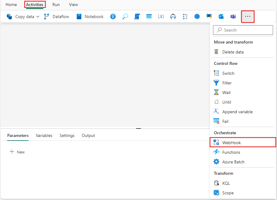 Skärmbild av Fabric-användargränssnittet med rutan Aktiviteter och WebHook-aktivitet markerat.