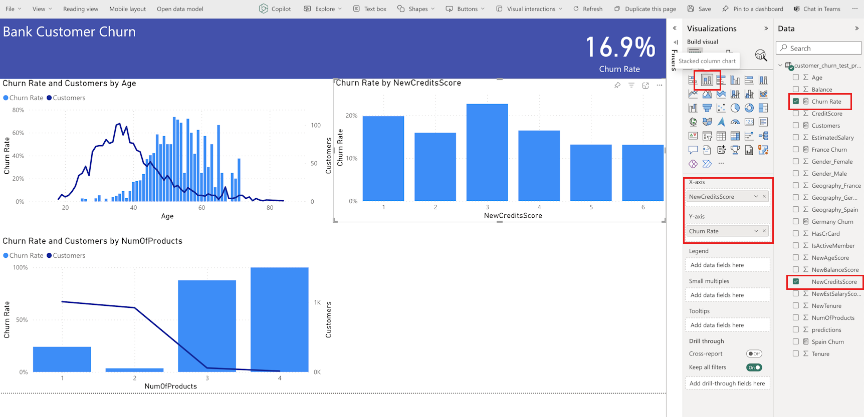 Screenshot shows adding a stacked column chart of NewCreditScore.