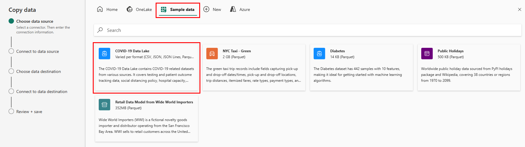 Skärmbild som visar alternativ för att använda exempeldata eller andra datakällor.