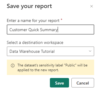 Skärmbild av dialogrutan Spara rapporten med rapportnamnet Kundens snabbsammanfattning angiven.