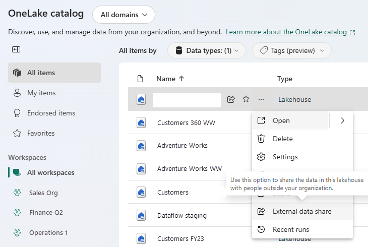 Skärmbild som visar alternativet för extern datadelning i ett objekts alternativmeny.