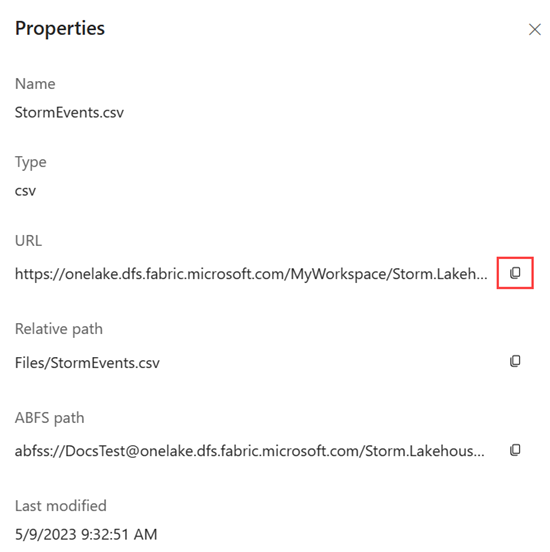 Skärmbild av fönstret Egenskaper för en Lakehouse-fil. Kopieringsikonen till höger om filens URL är markerad.